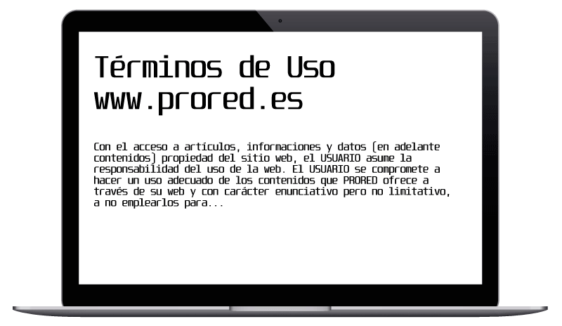 Portátil mostrando los términos de uso de PRORED
