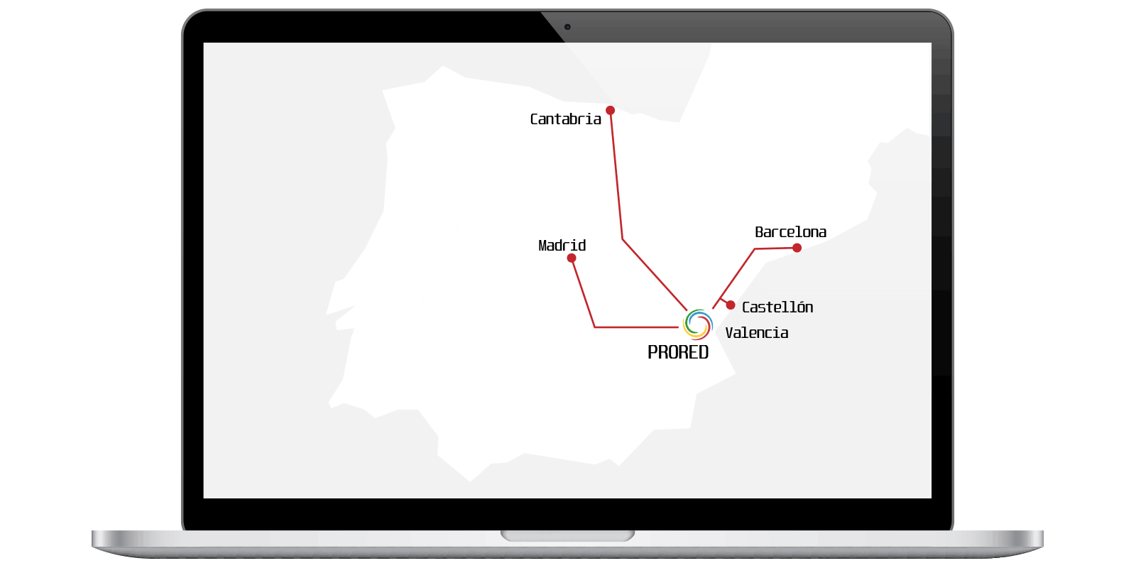 Portátil mostrando las conexiones troncales nacionales de PRORED