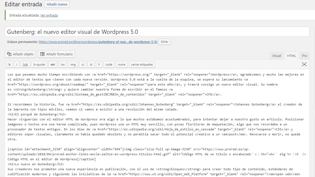 Editando código HTML con WordPress